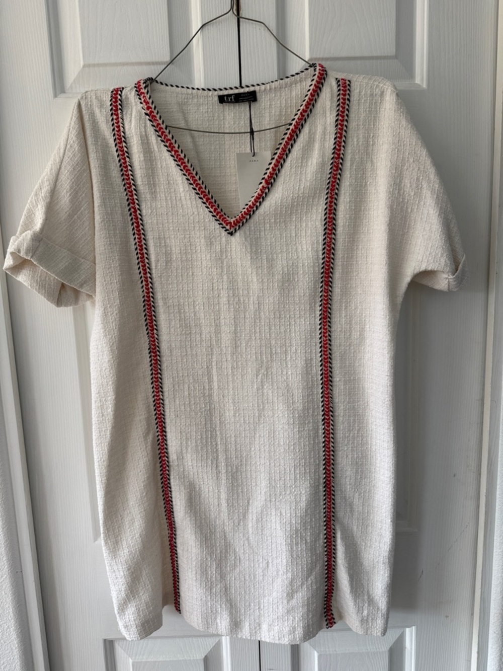 NWT Zara Cream Tweed Embroidered V-Neck Short Sleeve Mini Dress, L